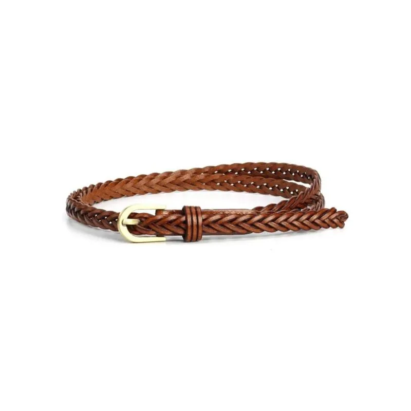 Slim Braided Leather Belt With Golden Buckle