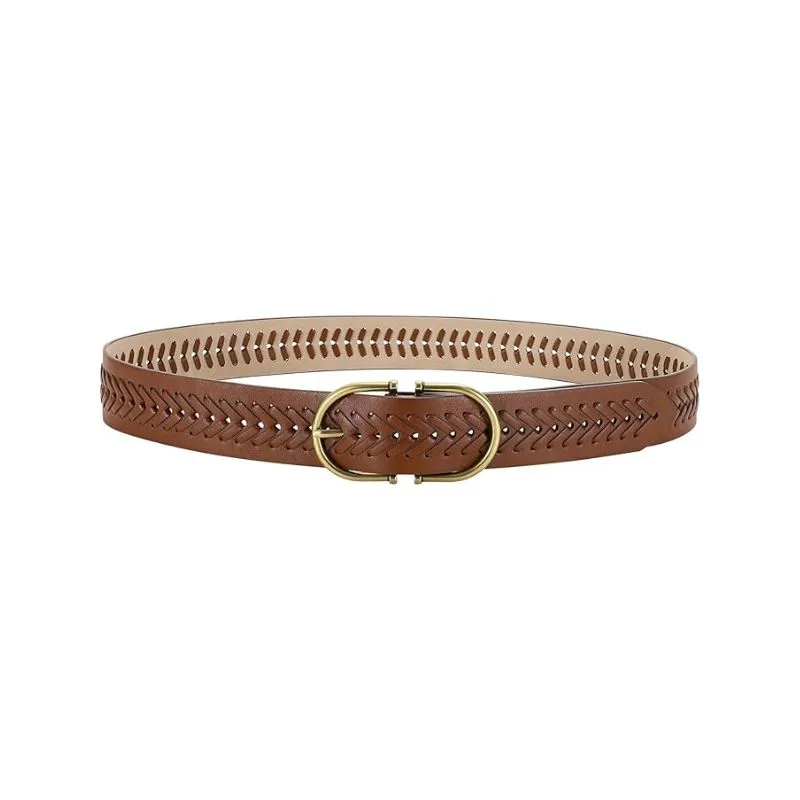 Slim Brown Braided Leather Belt With Brass Accent