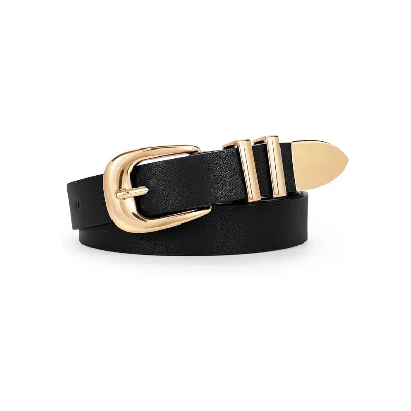 Sophisticated Black Leather Belt With Gold Accent