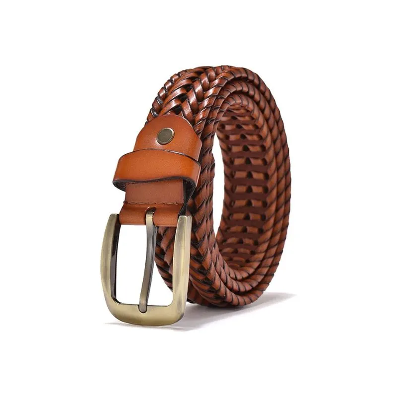 Tan Braided Leather Belt With Golden Accent