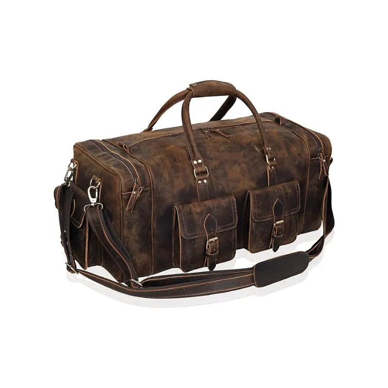 Vintage Brown Leather Duffle Bag With Pockets