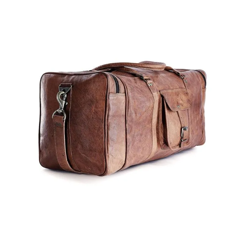 Vintage Brown Leather Duffle Bag With Side Pocket