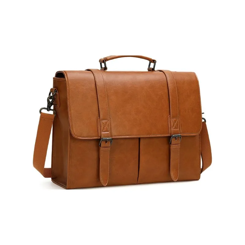 Vintage Brown Leather Laptop Bag With Adjustable Shoulder Strap