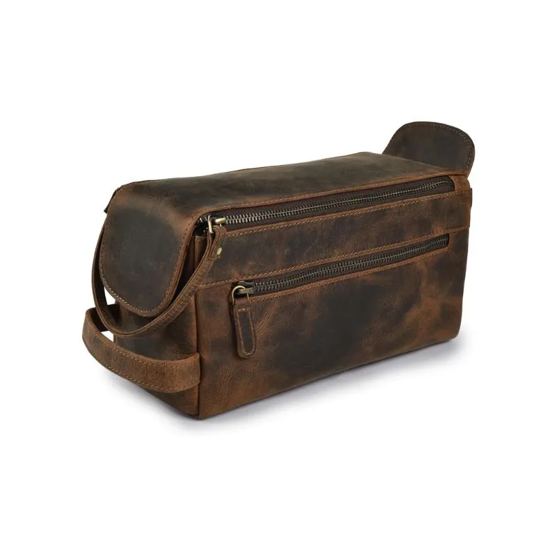 Vintage Full-Grain Leather Cosmetic Bag for Travel Essentials
