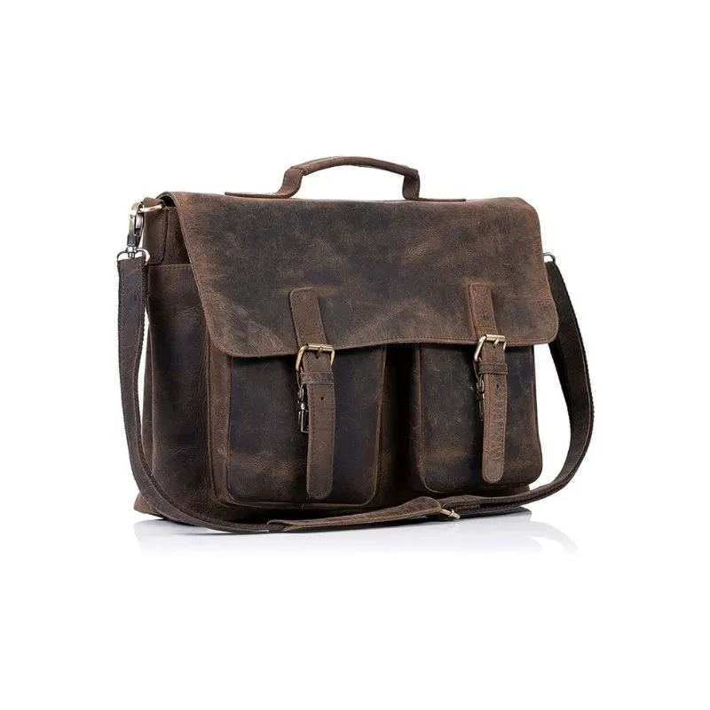 Vintage Leather Laptop Bag With Dual Buckle Design