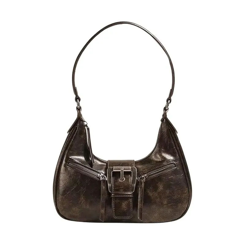 Vintage Metallic Leather Hobo Bag With Decorative Buckle
