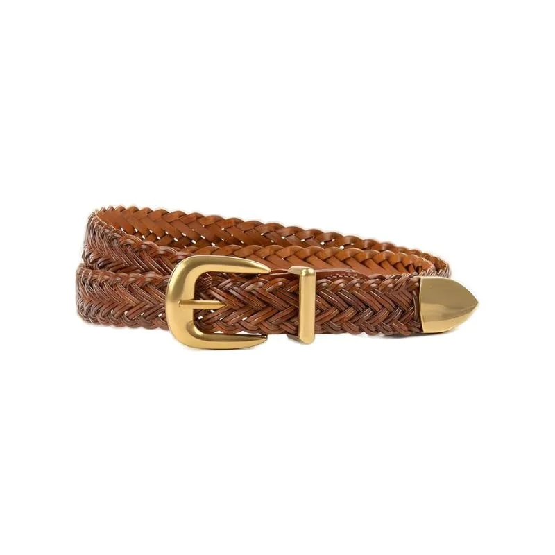Vintage Woven Leather Belt With Golden Hardware