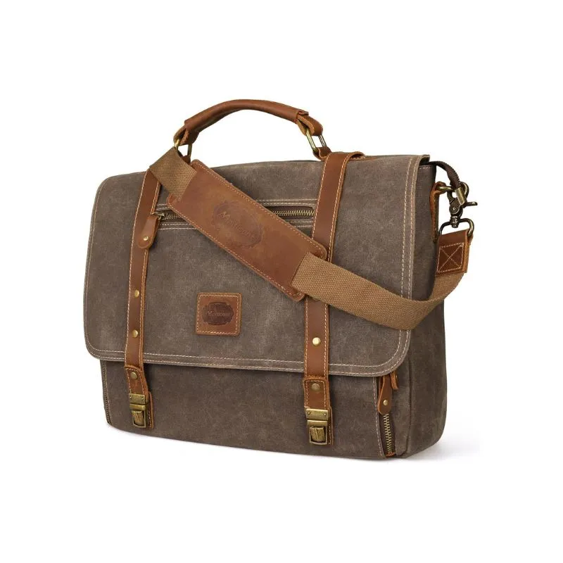 Waxed Canvas And Leather Laptop Bag For Outdoor Use