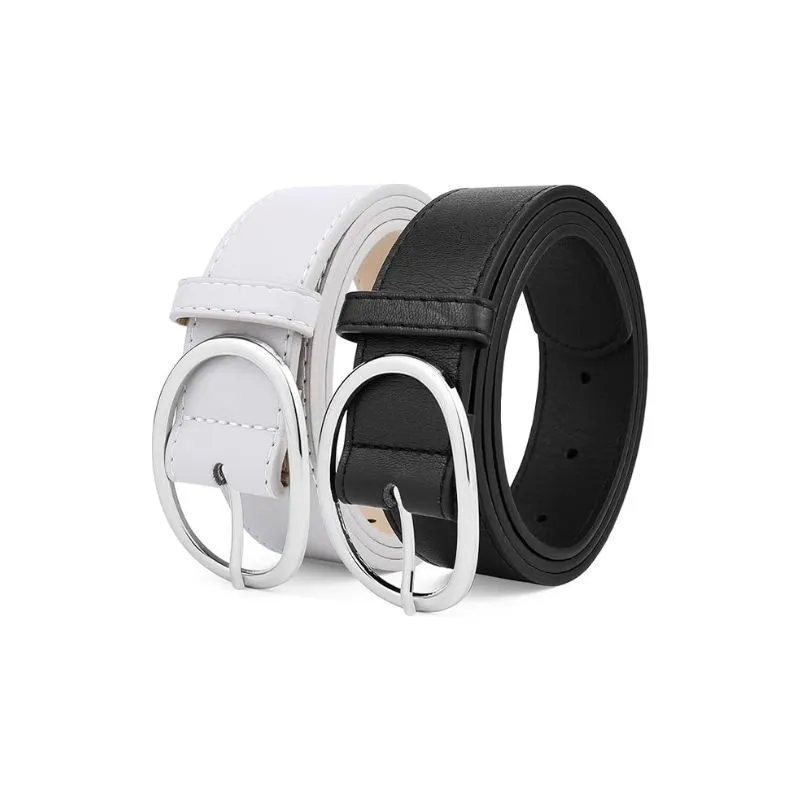 White And Black PU Leather Belt With Silver Buckle