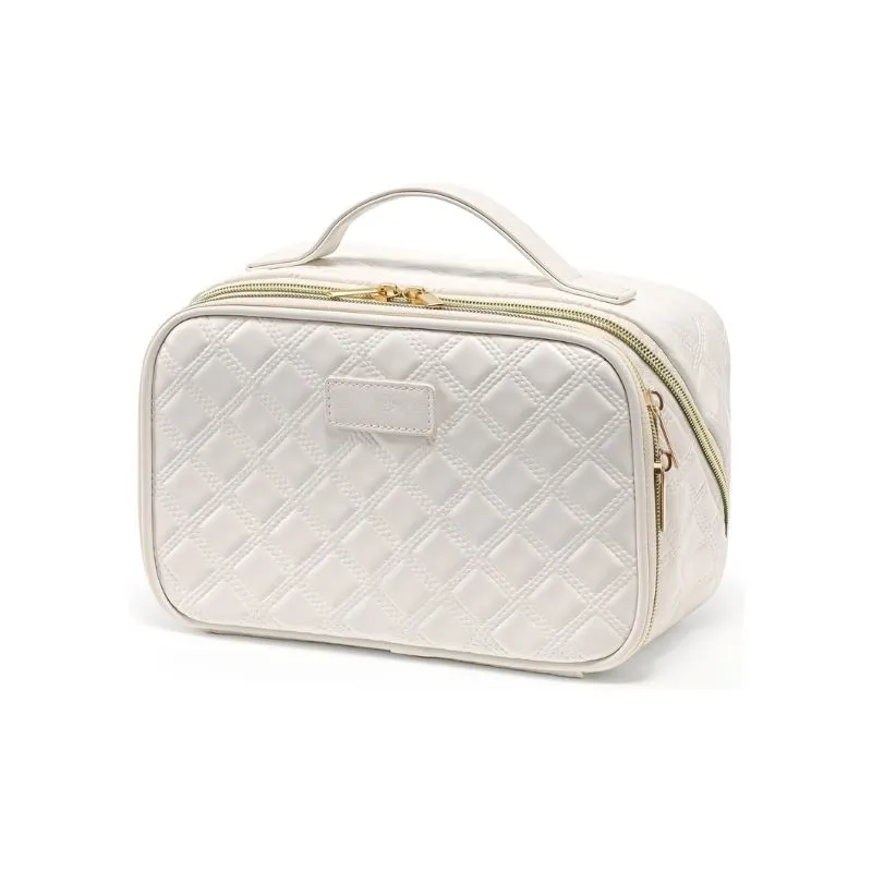 White Quilted PU Leather Cosmetic Bag for Travel