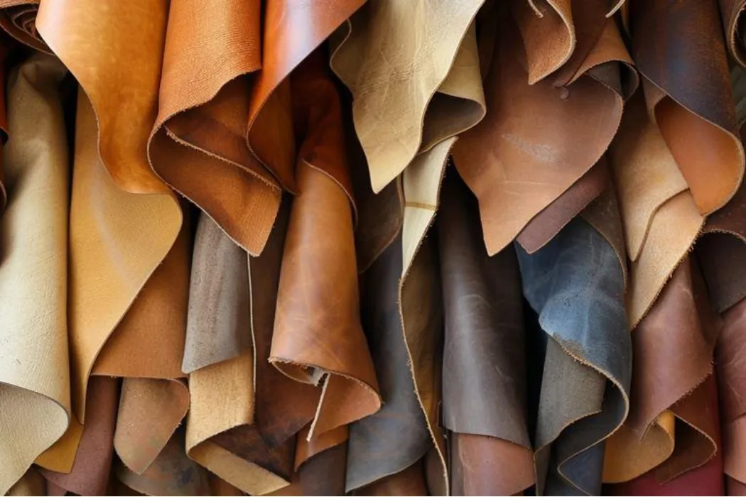 a collection of leather hides showing different colors and textures from various tanning methods.